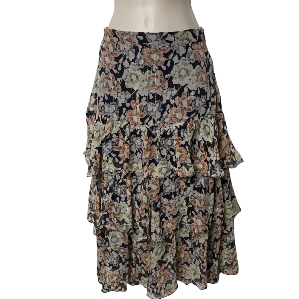 The Kooples floral gold metallic layer midi dress